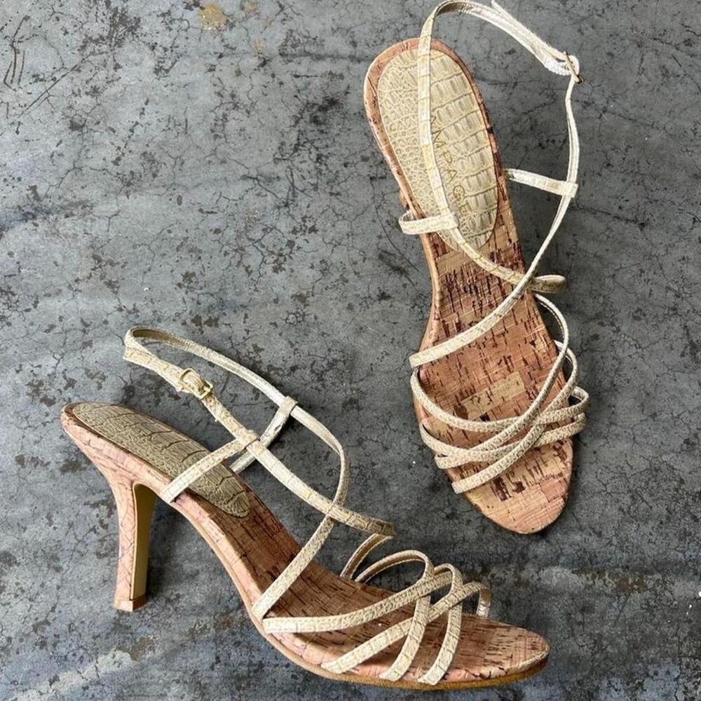 Rampage Georgie Cork Strappy Sandals Y2K Stiletto Heels Tan Crocodile 10M